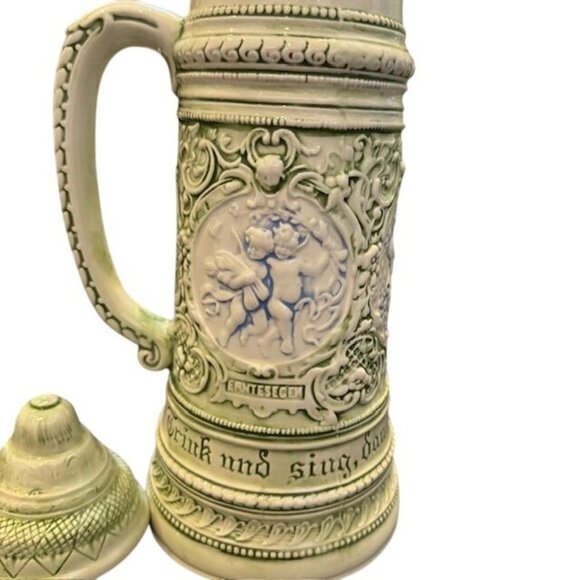 Vintage German Beer Stein With Embossed Cherub Design & Lid 1 Liter Capacity Cer - Picture 7 of 7